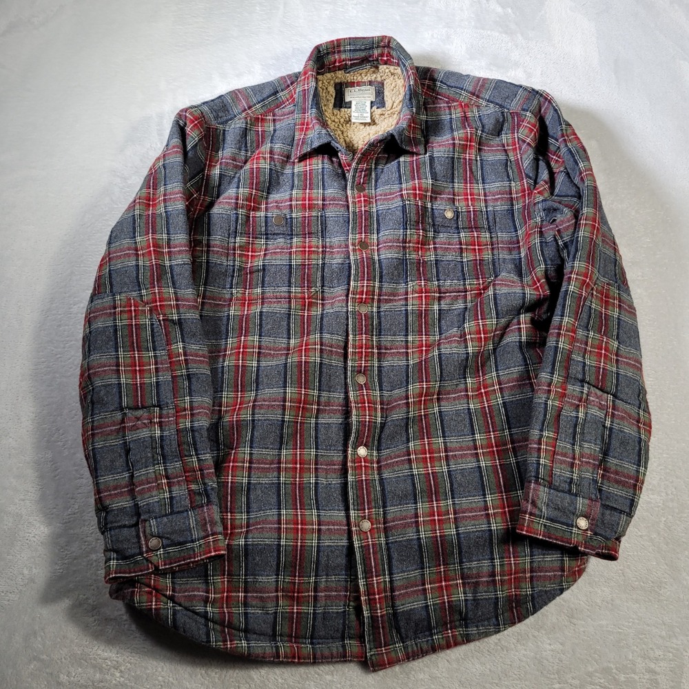 LL Bean Flannel Shirt Jacket Mens L Blue Red Plaid Fleece Sherpa Lined Shacket